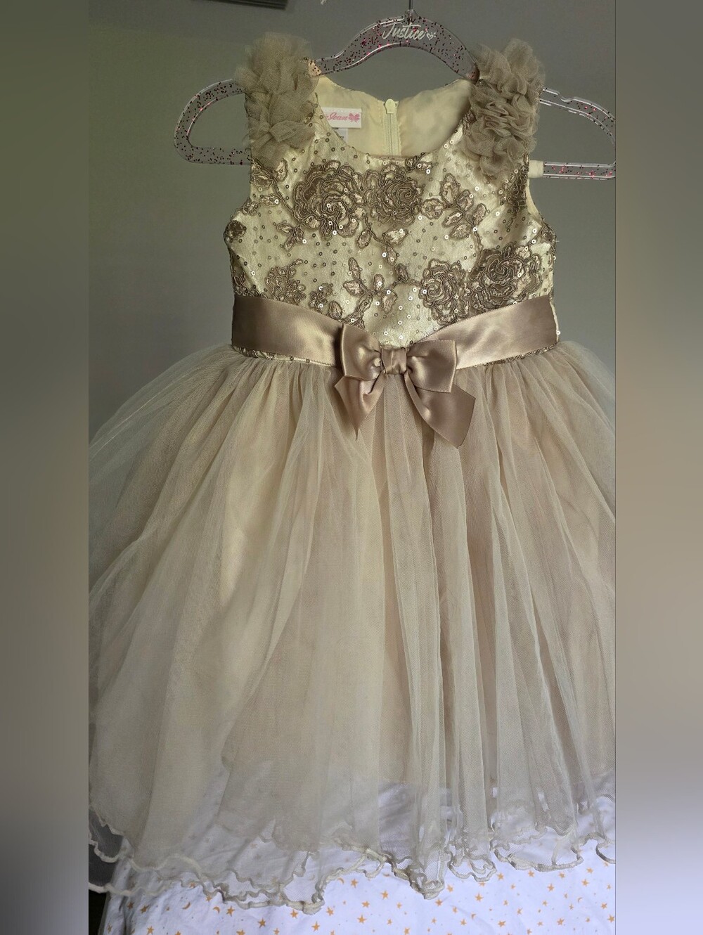 Girls' Champagne Floral Tulle Dress with Satin Bow
